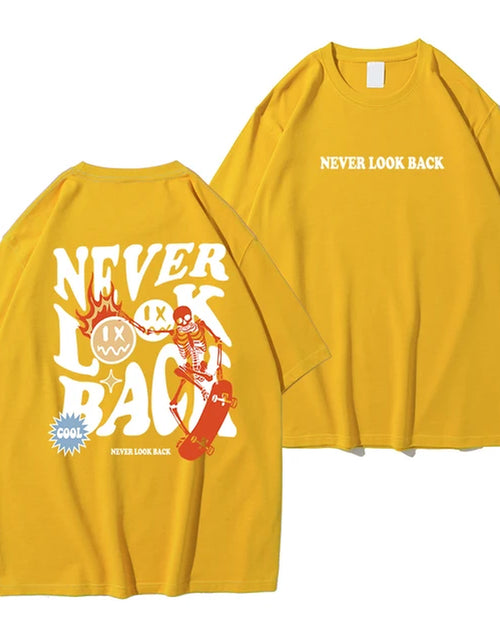 Load image into Gallery viewer, Never Look Back Creative Smile Skull Printing Cartoons Street Print Tshirt Man Loose Tee Clothes Cotton Crewneck Tops T-Shirt