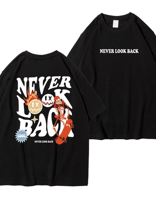 Load image into Gallery viewer, Never Look Back Creative Smile Skull Printing Cartoons Street Print Tshirt Man Loose Tee Clothes Cotton Crewneck Tops T-Shirt