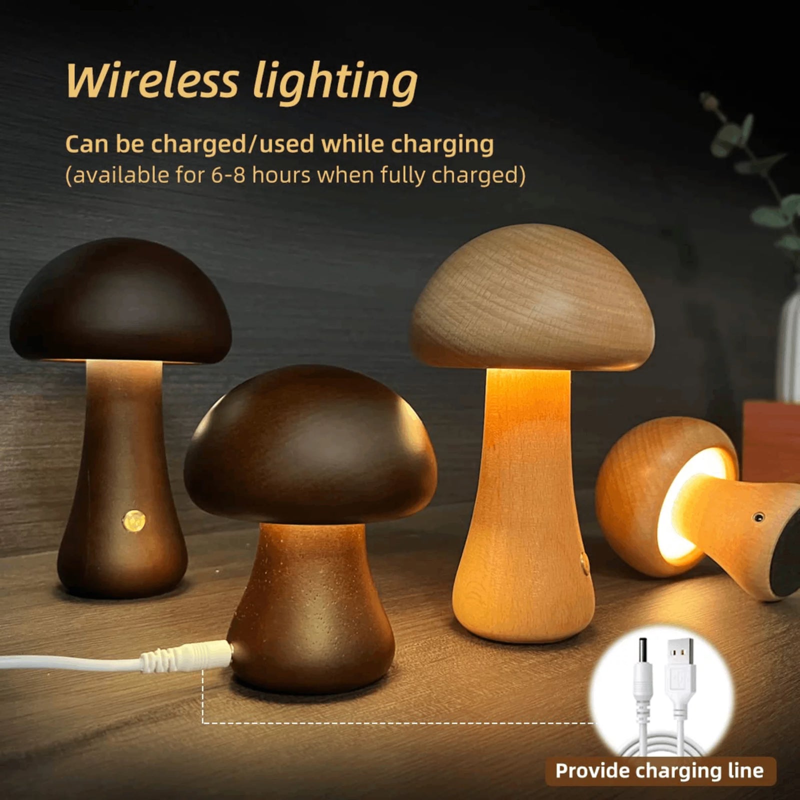 Mushroom Table Lamp, Dimmable LED Creative Wood Desk Lamp with USB Charging for Home Decor
