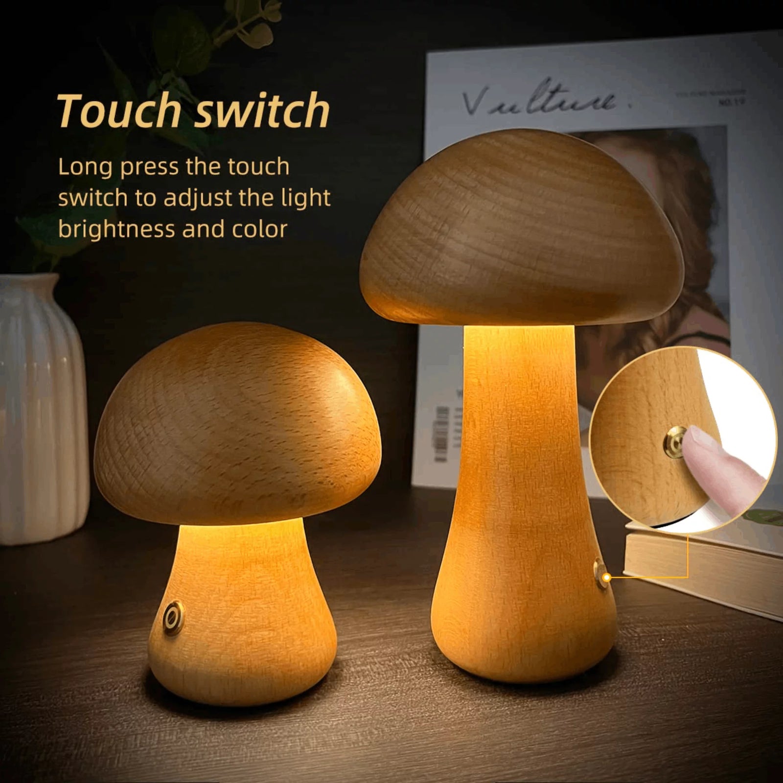 Mushroom Table Lamp, Dimmable LED Creative Wood Desk Lamp with USB Charging for Home Decor