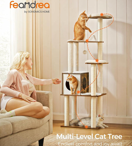 Woodywonders Cat Tree, 65-Inch Modern Cat Tower for Indoor Cats, Multi-Level Cat Condo with 5 Scratching Posts, Perch, Washable Removable Cushions, Cat Furniture, Rustic Brown UPCT166X01