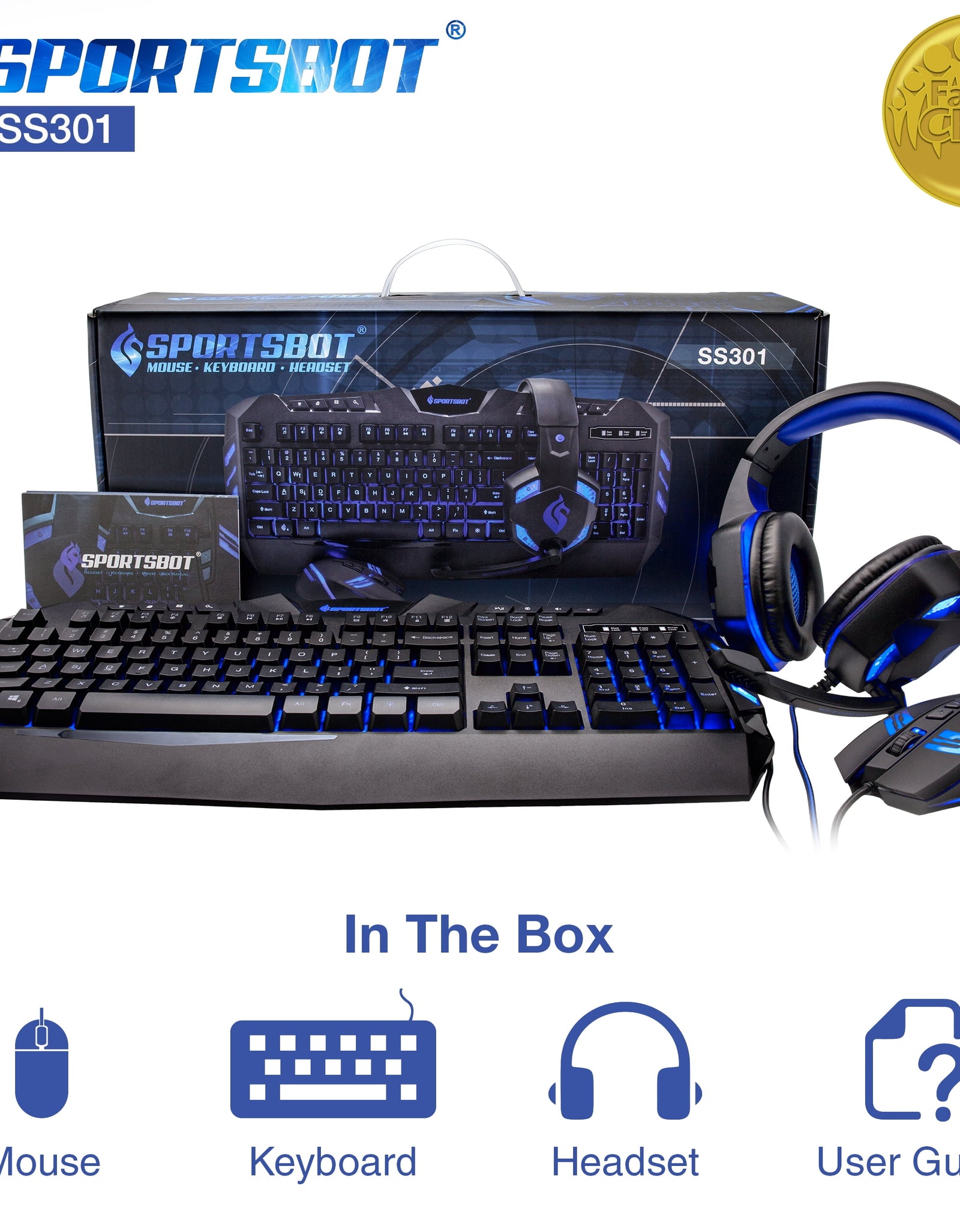 SS301 Blue LED Gaming Over-Ear Headset, Keyboard & Mouse Combo Set