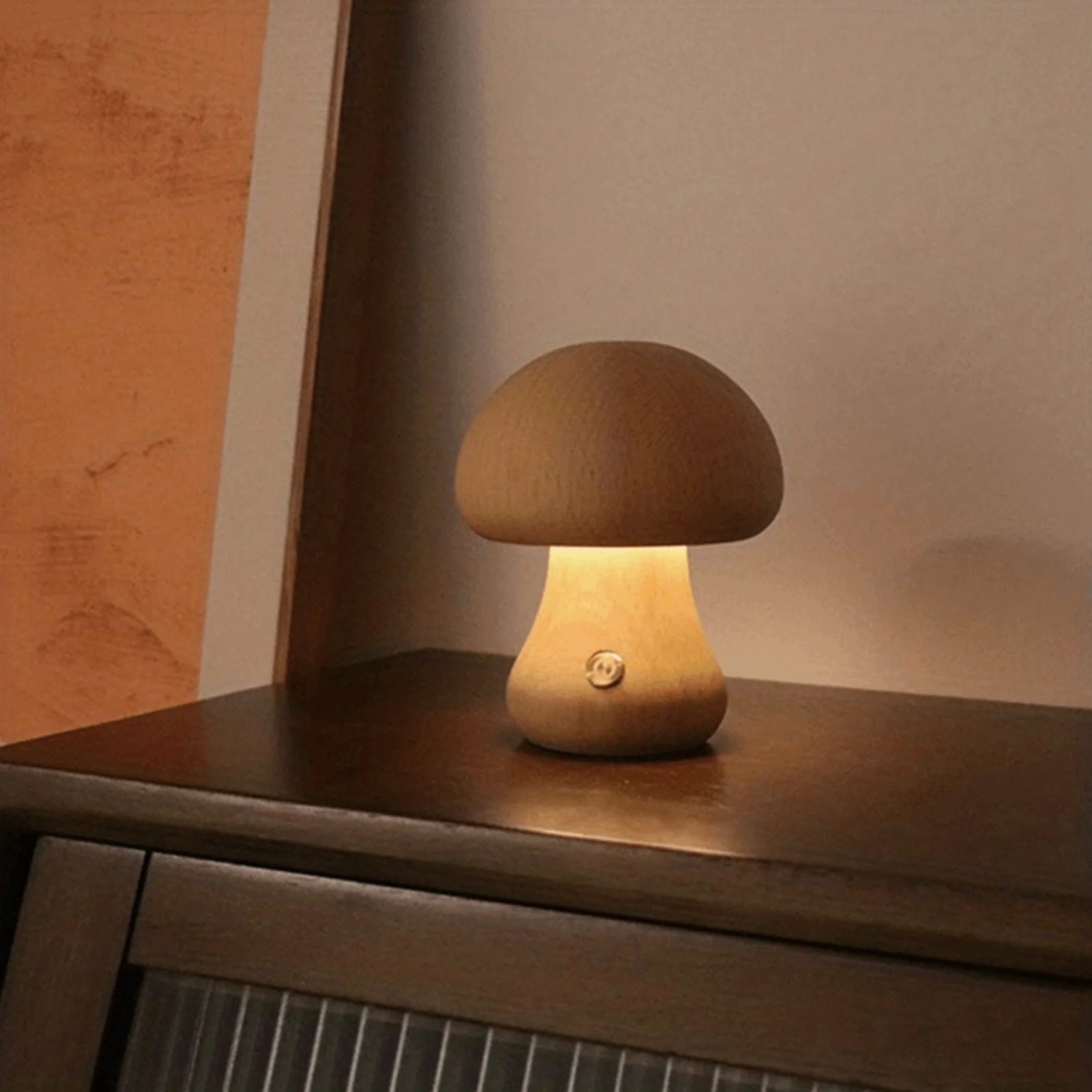 Mushroom Table Lamp, Dimmable LED Creative Wood Desk Lamp with USB Charging for Home Decor