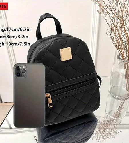 Women'S Cute Small Backpack Rhombic Pattern Backpack with Adjustable Strap Zipper Casual Shoulder Black Mobile Bag