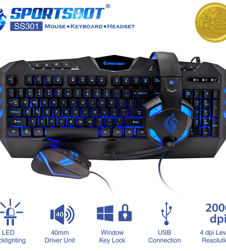 SS301 Blue LED Gaming Over-Ear Headset, Keyboard & Mouse Combo Set