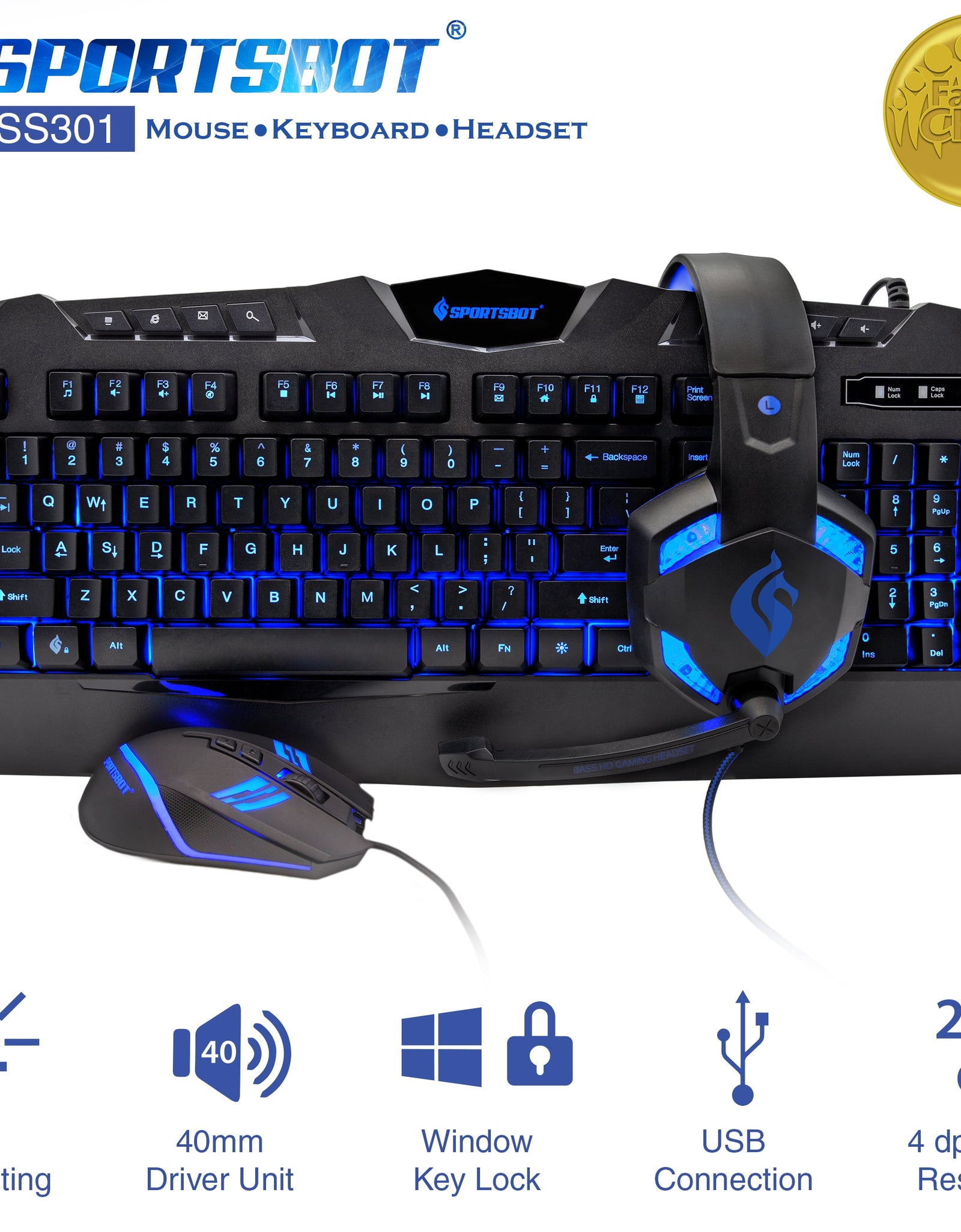 SS301 Blue LED Gaming Over-Ear Headset, Keyboard & Mouse Combo Set