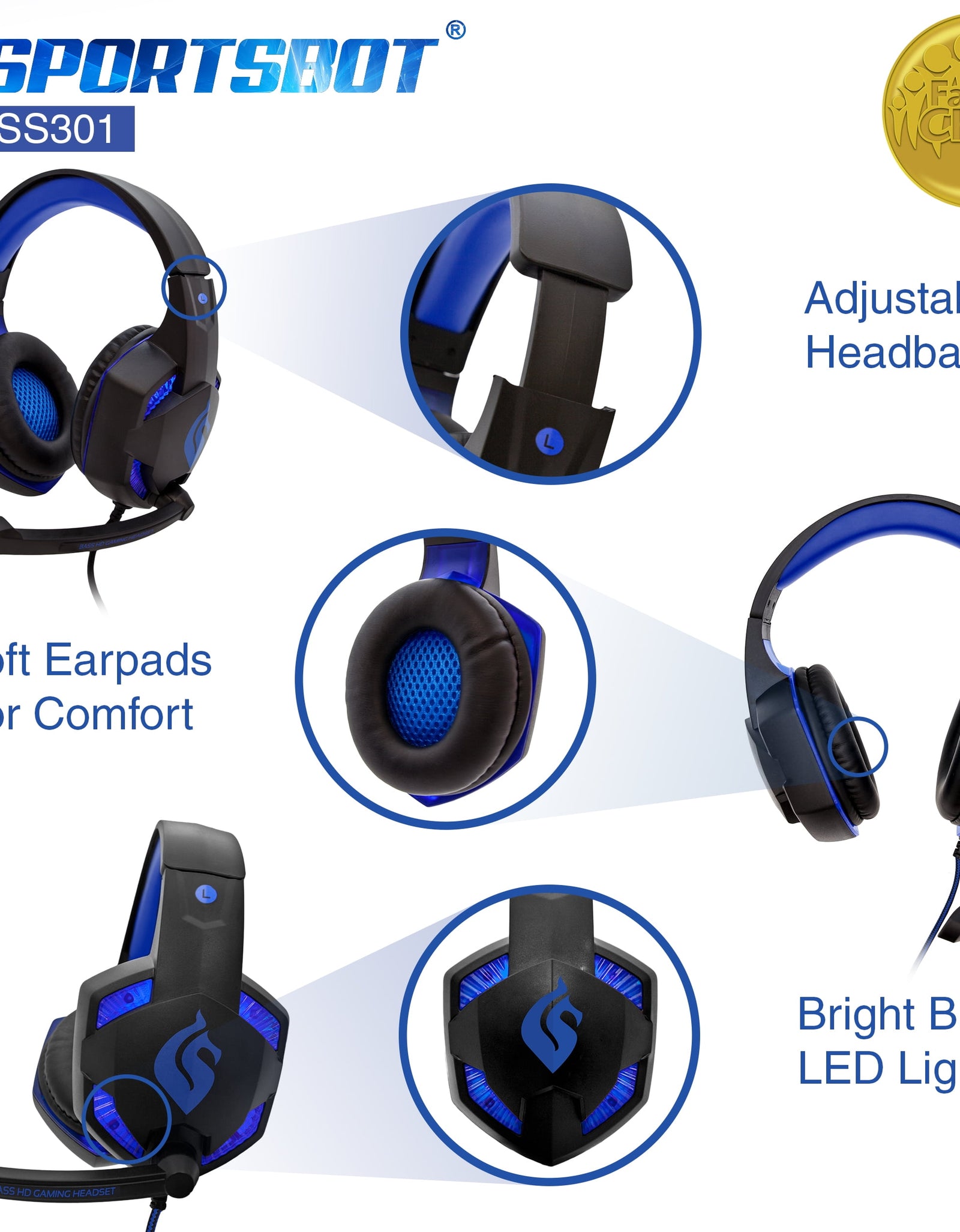 SS301 Blue LED Gaming Over-Ear Headset, Keyboard & Mouse Combo Set