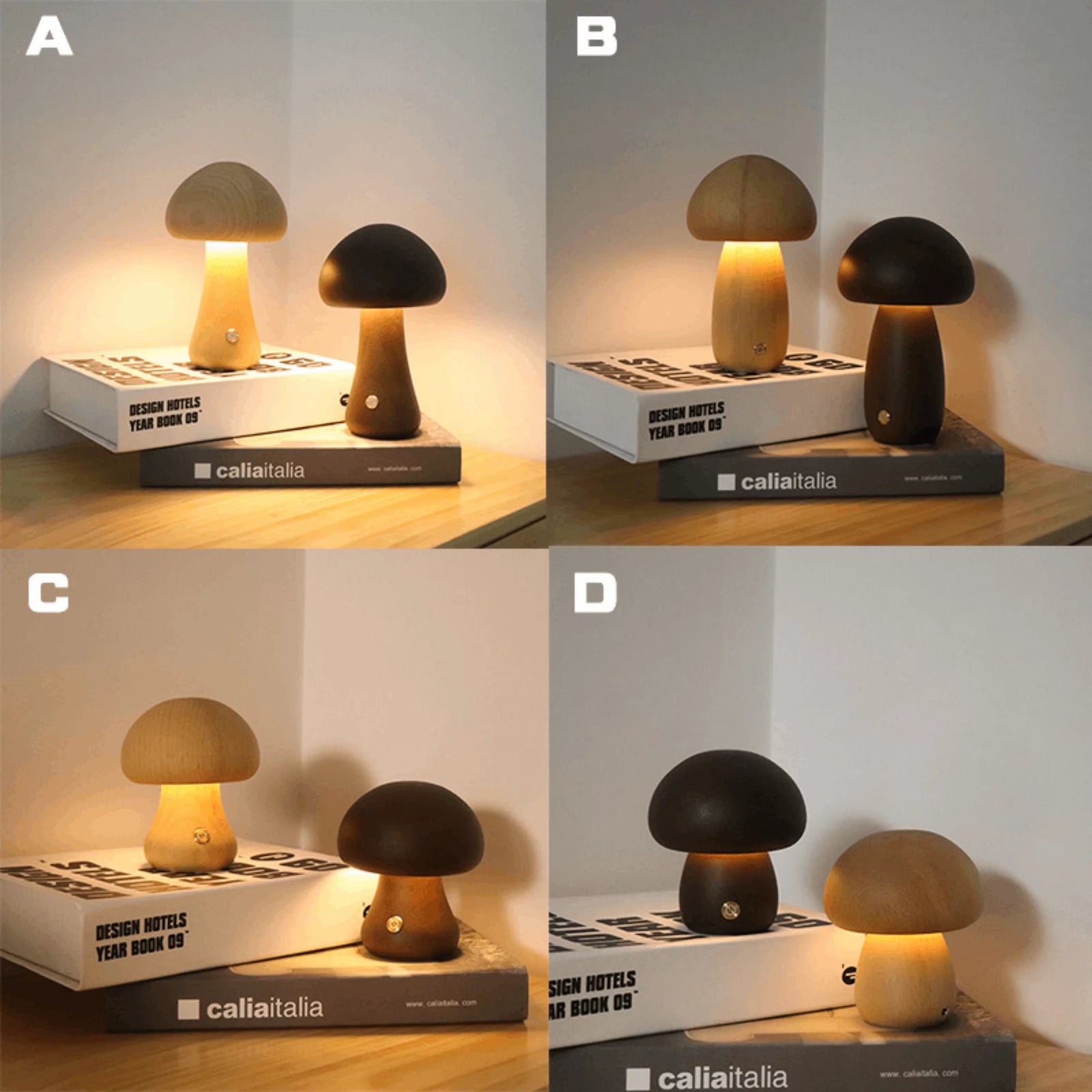 Mushroom Table Lamp, Dimmable LED Creative Wood Desk Lamp with USB Charging for Home Decor