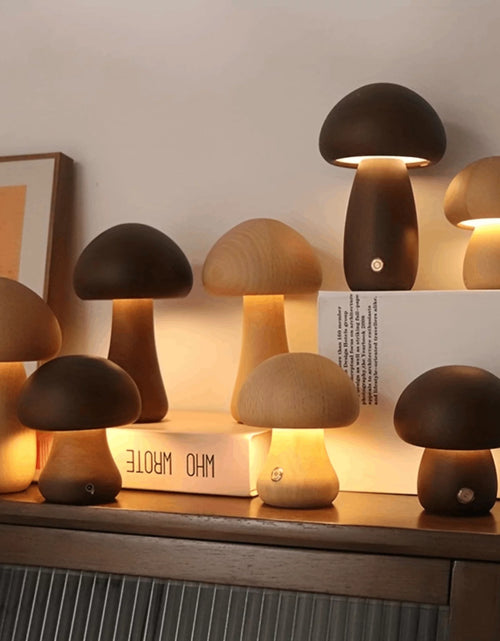 Load image into Gallery viewer, Mushroom Table Lamp, Dimmable LED Creative Wood Desk Lamp with USB Charging for Home Decor
