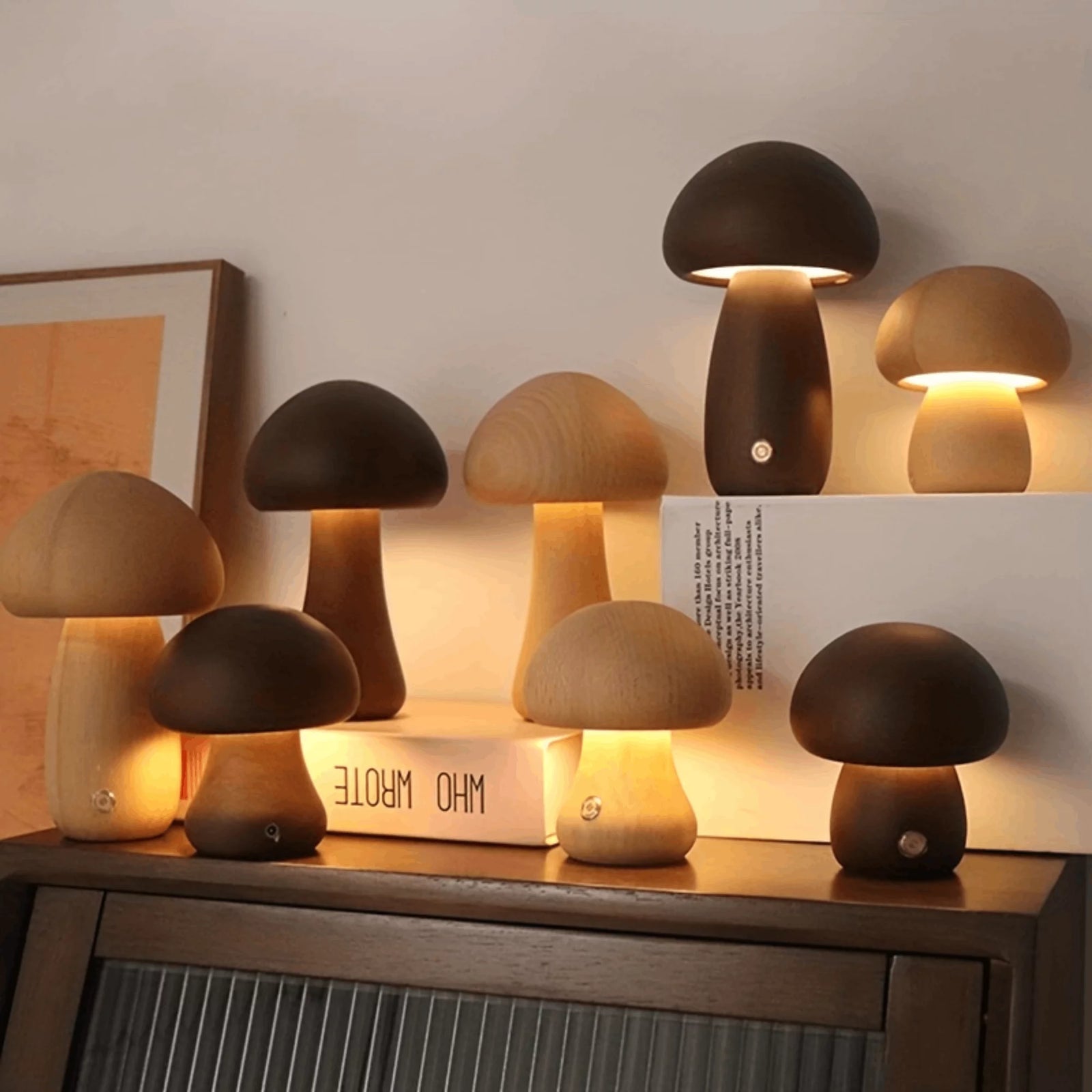 Mushroom Table Lamp, Dimmable LED Creative Wood Desk Lamp with USB Charging for Home Decor