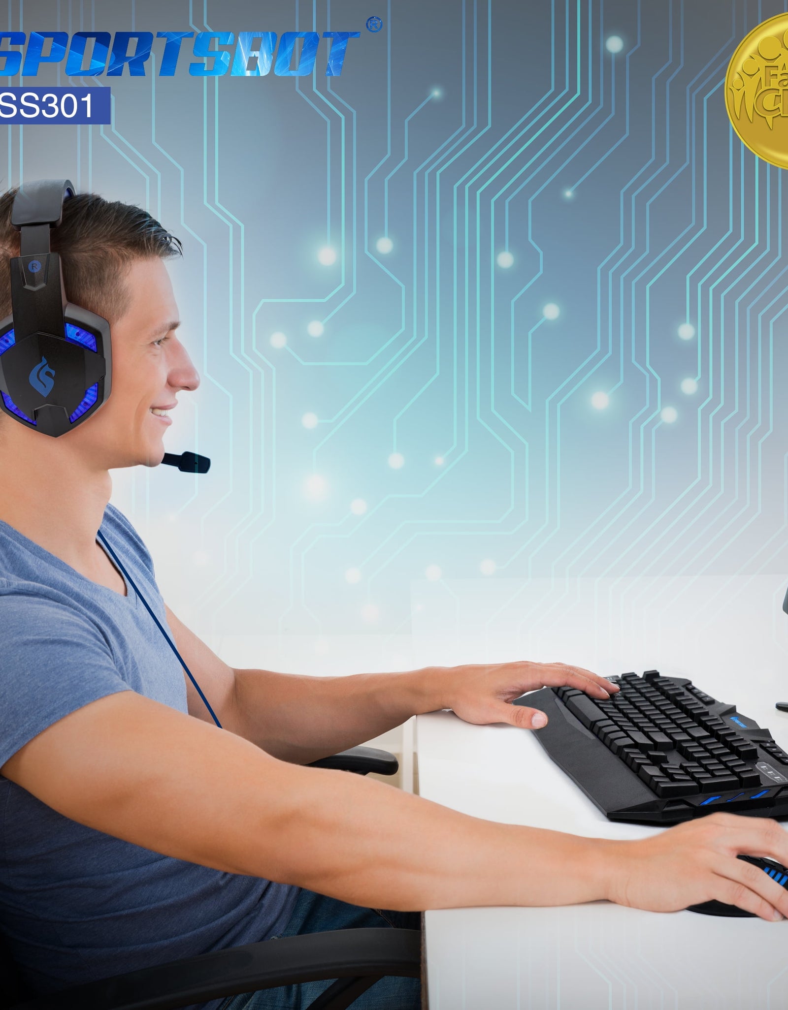 SS301 Blue LED Gaming Over-Ear Headset, Keyboard & Mouse Combo Set