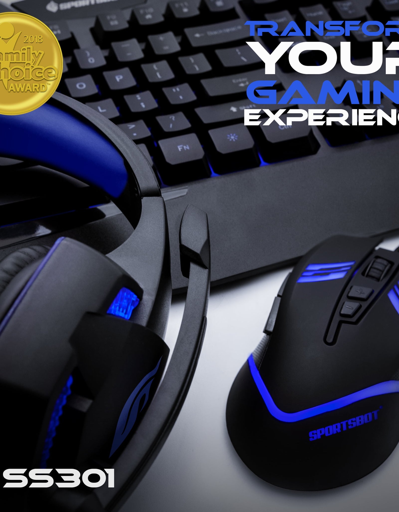 SS301 Blue LED Gaming Over-Ear Headset, Keyboard & Mouse Combo Set